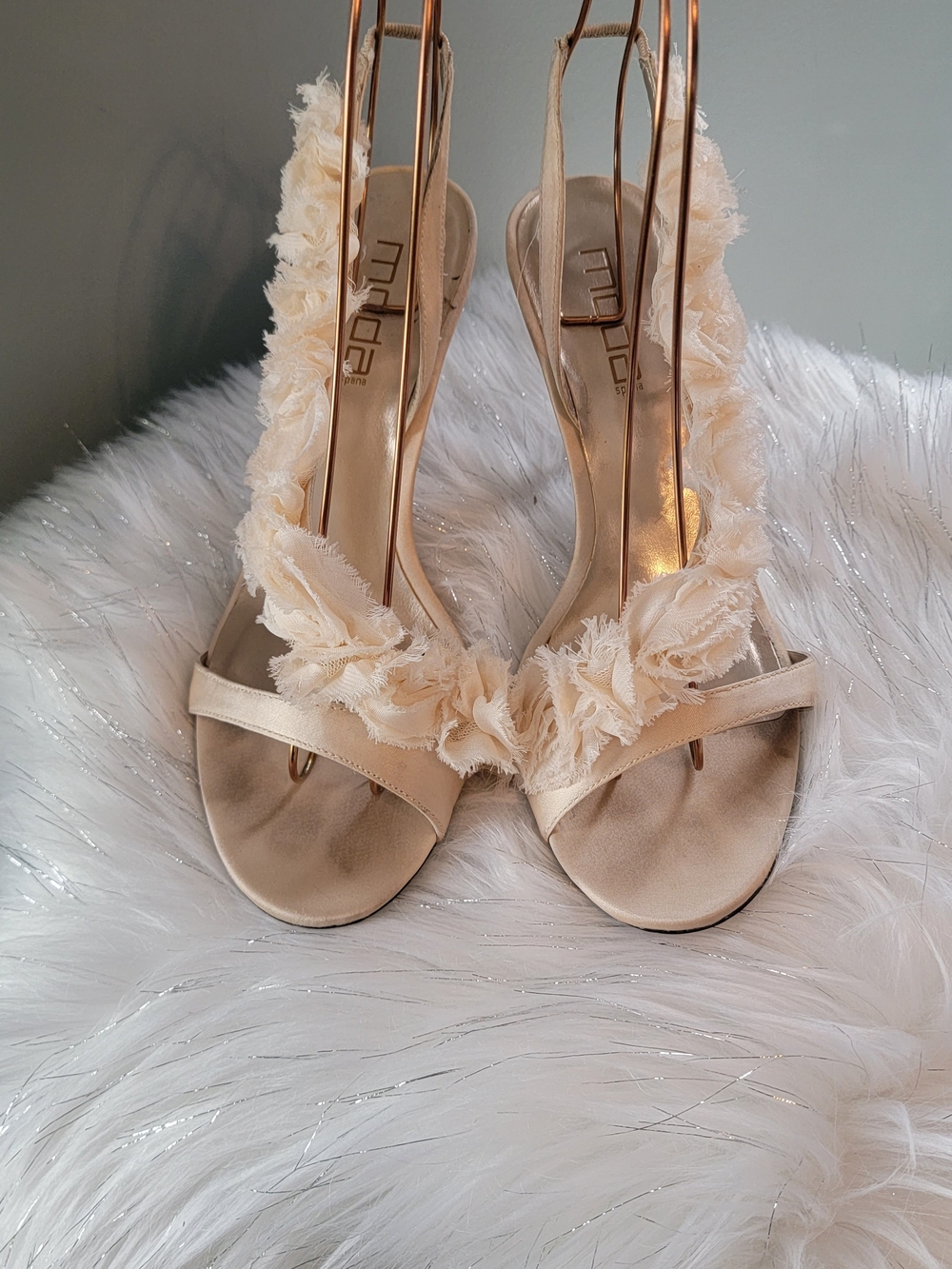 Moda International Cream Ruffle Slingback Heels